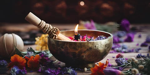 Fotobehang Tibetan bowl in a relaxing atmosphere with candles, Candle flower bowl decoration,  burning candles,SMALL BRASS SINGING BOWL,generative AI © Hadi