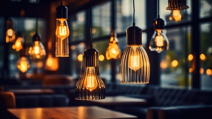 Modern pendant lights with vintage bulbs in cozy cafe.