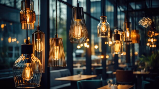 Modern pendant lights with vintage bulbs in cozy cafe.