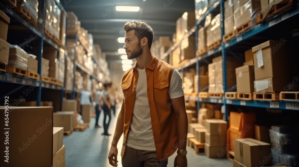 Poster man worker walking in warehouse space filled with stacks of carton boxes on shelves.