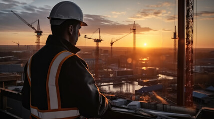 Engineer check quality concrete at heavy construction site at sunset.