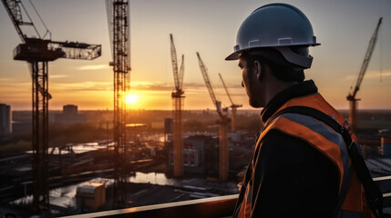 Engineer check quality concrete at heavy construction site at sunset.