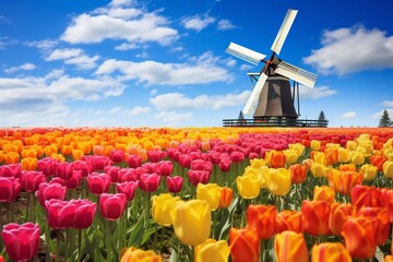 Colorful tulip field beneath a blue sky, with a charming windmill in the distance. Generative AI - obrazy, fototapety, plakaty