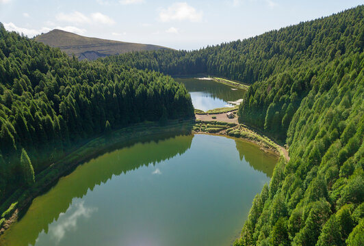Aerial view of Lake of Empadadas (Lagoa das Empadadas) surrounded by cryptomeria trees. Sete Cidades Sao Miguel island in the Azores.