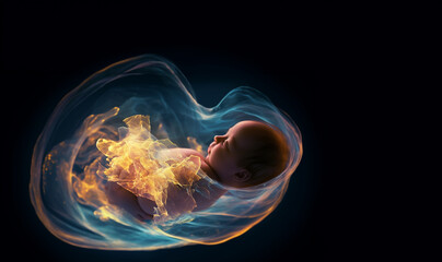 Human fetus in the womb prior to birth, approx 12 - 16 weeks after conception. Human fetus baby concept inside pregnant woman's belly. Unborn baby embryo during pregnancy - obrazy, fototapety, plakaty