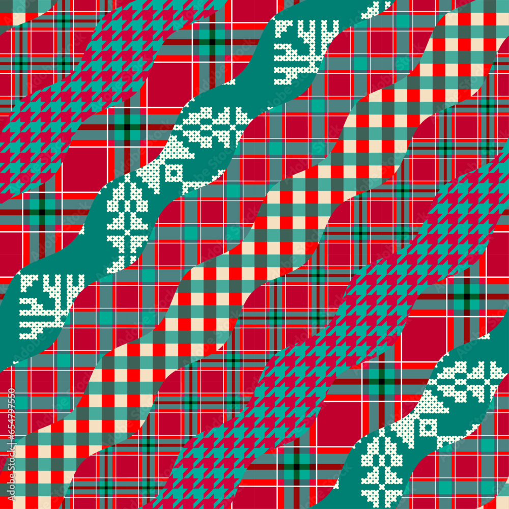 Poster Patchwork textile pattern. Seamless quilting design background. Merry Christmas cozy pattern.
