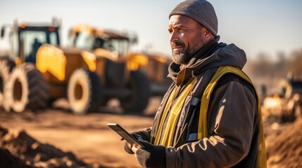 Senior engineer using tablet computer in construction site with background bulldozer.