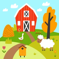 Gardinen Farm scene with domestic animals, barn and tree. Cute sheep, goose. Autumn illustration in naive style. © Maria Kololeeva