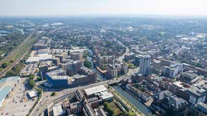 amazing aerial view of the downtown and river kennet of Reading, Berkshire, UK, daytime morning