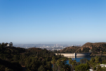 Hollywood Reservoir behind Mulholland Dam, in the Hollywood Hills, situated in the Santa Monica...