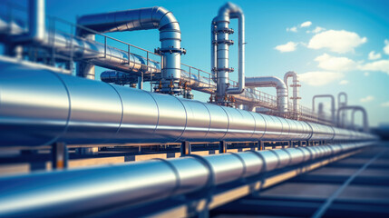 Pipeline at Industrial zone, Steel long pipes in Petrochemical oil refinery.