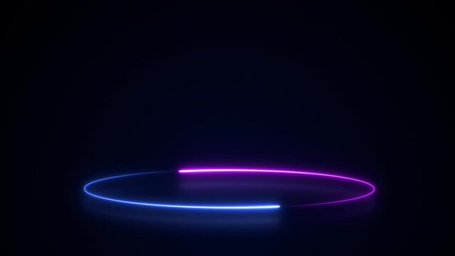 Animation of blue neon led lamp frame, empty space, ultraviolet light, 80's retro style, fashion show stage, abstract background, neon podium stage design. Abstract cosmic vibrant backlight circles