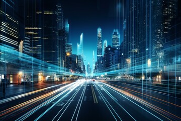Fototapeta na wymiar High-tech urban area with fast-moving light trails of digital data transfer. Generative AI