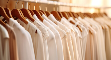 White women clothes on hangers on rack in clothing store at department store. - obrazy, fototapety, plakaty