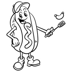 Hotdog mascot cartoon character wearing a cap and cooking sausage with spatula. Best for outline, logo, and coloring book with street food themes for kids