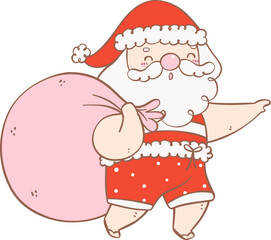 Cute Summer Santa Claus with sack, kawaii Christmas cartoon doodle hand drawing outline