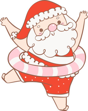 recommend clip art: Cute Summer Santa Claus in swim ring, kawaii Christmas cartoon doodle hand drawing outline