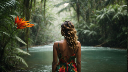 Rear view of woman in tropical rainforest with river - Powered by Adobe