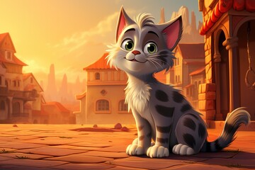 Happy cartoon cat at the village during sunset