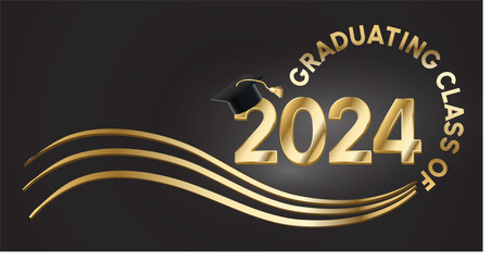 Graduating Class of 2024 in gold text in a circle around the year. 2024 is in Gold text. A graduation cap with a gold tassel sits on top of the year. wavy golden lines accent.