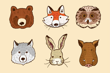 Forest animal funny face vector illustrations set.