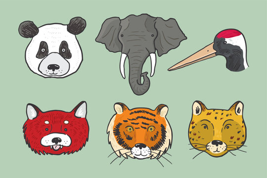 Asian animal funny face vector illustrations set.