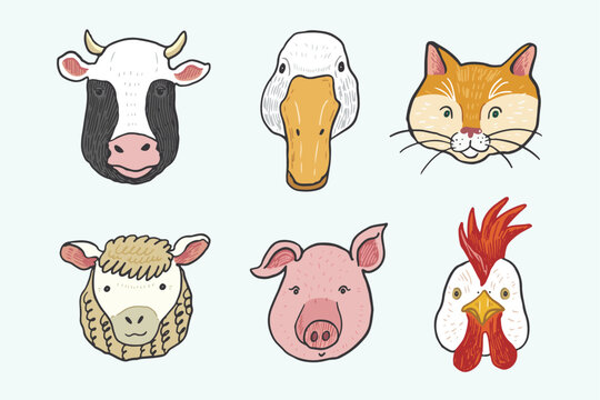 Animal farm funny face vector illustrations set.