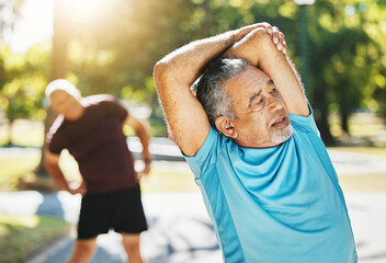 Old man, stretching and outdoor for fitness health training or energy challenge, wellness for goal....