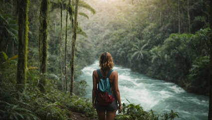 Rear view of woman in tropical rainforest with river - obrazy, fototapety, plakaty