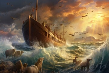 Illustration of Noah's ark in the ocean with belief. Generative AI