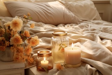 Obraz na płótnie Canvas Linen sheets with dried flowers & candles, embodying warmcore vibes. Light beige and amber shades dominate, presenting a bloomcore essence. Ideal for cozy interiors.