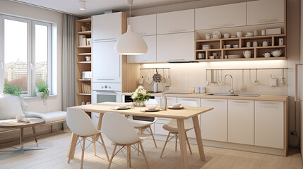 Scandinavian Style Studio Apartment: Cheerful Interior Design with Warm Pastel Whites and Modern Kitchen Touches