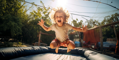 child jumping, a child on the trampoline jumping happily hd wallpaper - obrazy, fototapety, plakaty