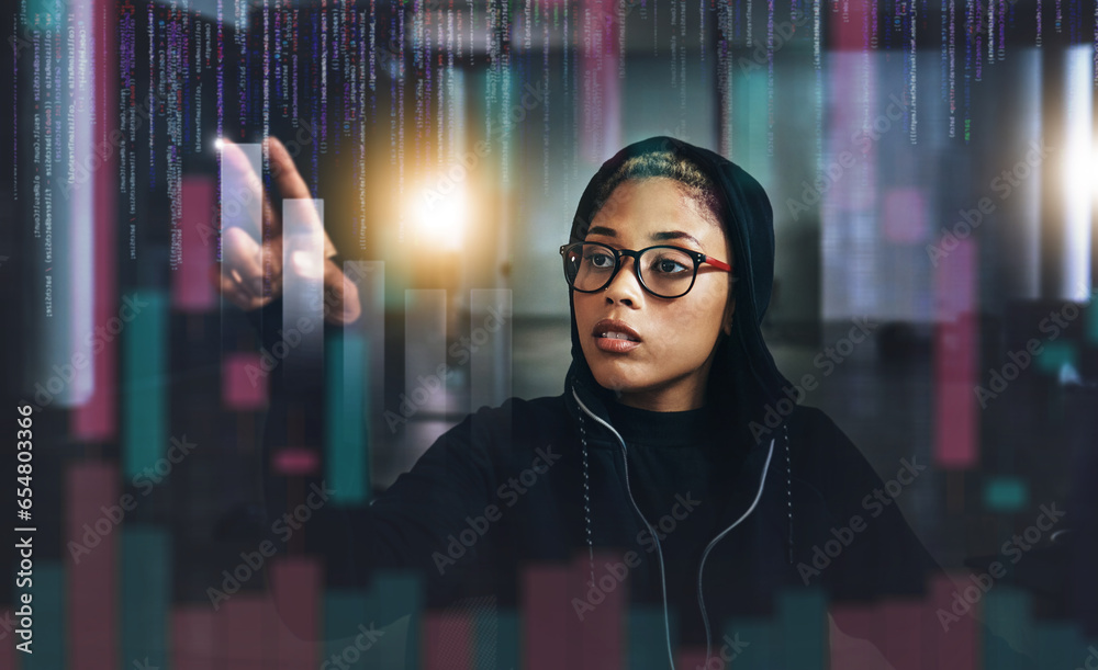 Poster Woman, hacker and digital overlay at night in cybersecurity, programming or cryptocurrency at basement. Serious female person, employee or programmer working late on problem, cyber attack or malware