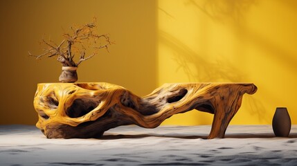 Natural Wood Furniture: Coffee Table With Plant And Flower On Yellow Background  - Artistic Interior Design