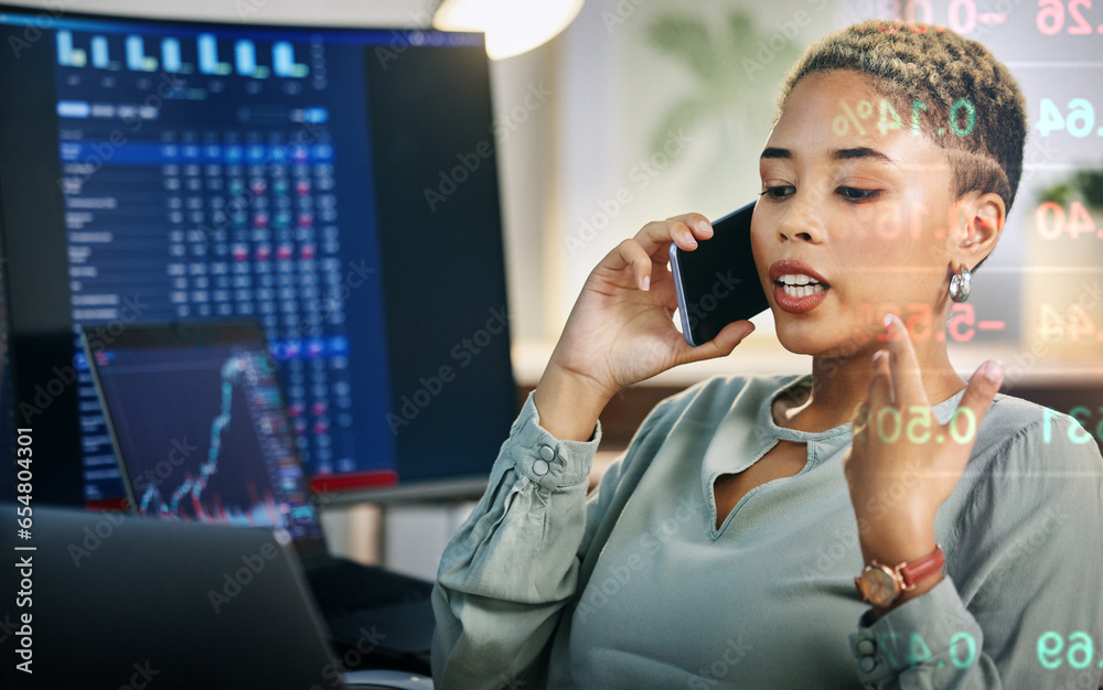 Aufkleber Woman, phone call with data overlay and networking for cryptocurrency, crm and investment in cyber stocks. Nft, financial advisor or broker on cellphone for advice on profit, market or online trading
