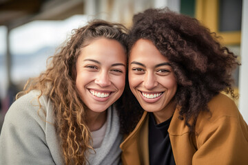Close up portrait of affectionate friends posing for the camera. - obrazy, fototapety, plakaty