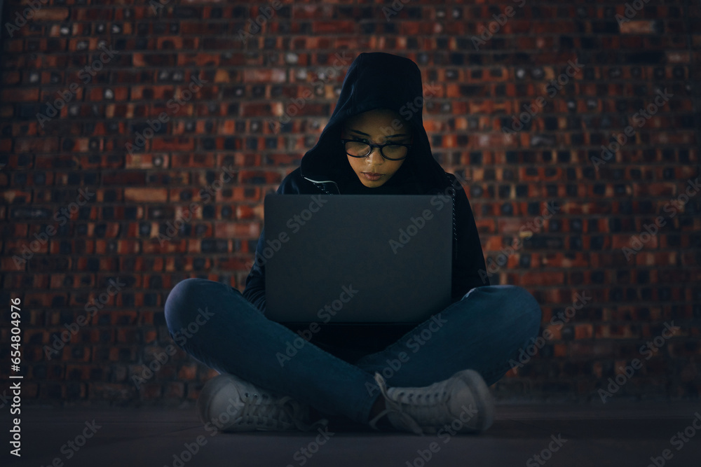 Poster Hacker, woman in basement with laptop and information technology, phishing and cyber crime with database or server. Cybersecurity, programming and criminal with pc, ransomware and firewall breach