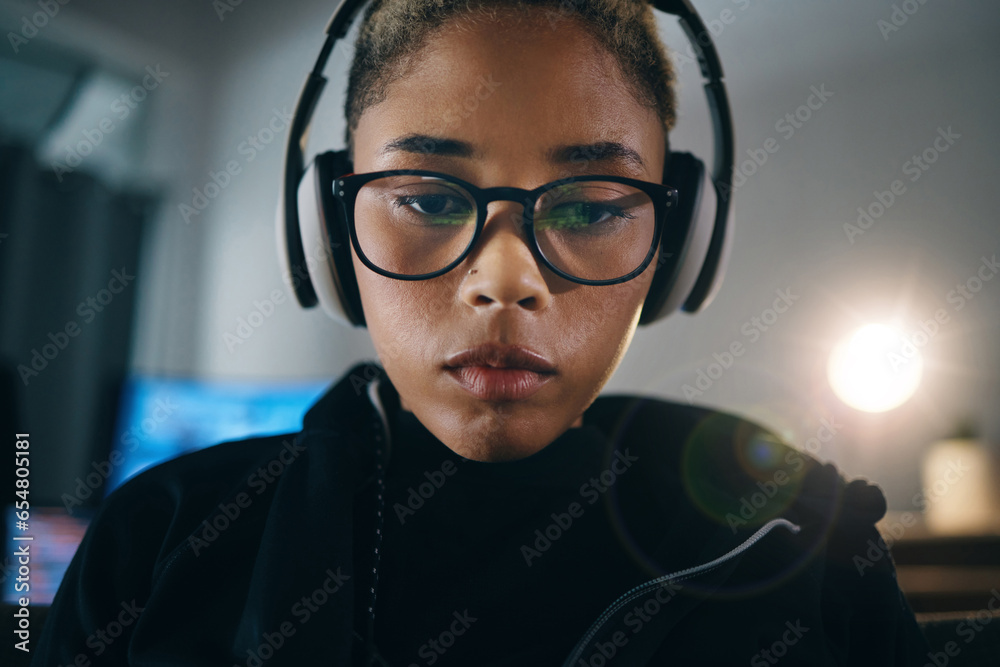Poster Hacker woman, thinking and night for coding, headphones or idea for cybersecurity, data phishing or ransomware app. Programmer, dark room and brainstorming for it scam, software and research on web