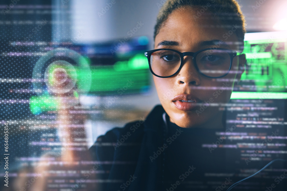 Poster Programmer, woman with touch and code, cybersecurity with database, password and information technology. Cybersecurity, programming with ransomware and fingerprint, privacy and holographic overlay