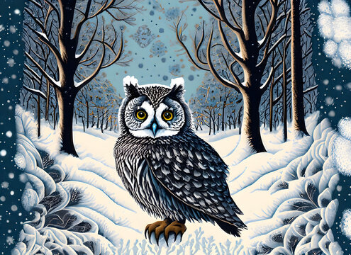 A great gray owl in snowy forest