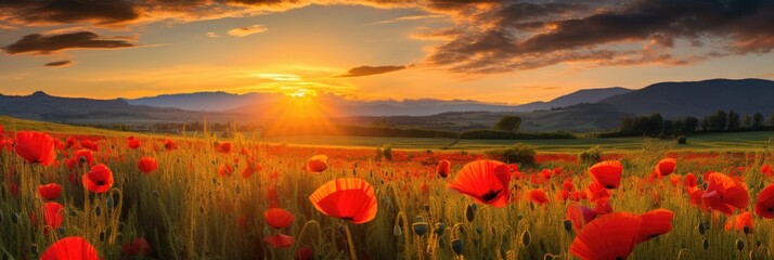 Sunrise over fields with poppies - obrazy, fototapety, plakaty