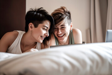 Intimate Movie Night: A Lesbian Couple Finds Love and Connection While Streaming Their Favorite Film, ai generative