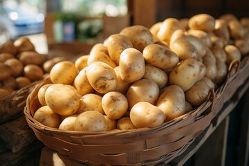 A market scene with a basket of farm fresh potatoes on display