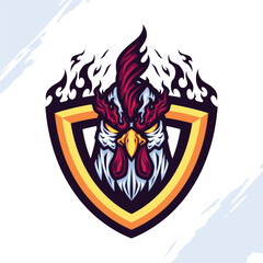 Angry Fighting Rooster with Flaming Shield Logo Mascot