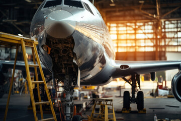 Passenger aircraft on maintenance of engine and repair in airport hangar - obrazy, fototapety, plakaty