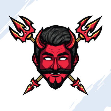 Red Devil Head Logo Mascot with Crossed Trident