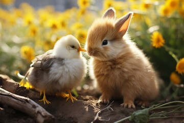 A sweet moment bunny and chick exchange a loving, beak to nose kiss