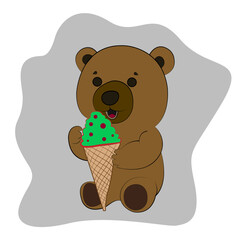 Brown cartoon bear with ice cream. Funny little bear sits with a big popsicle. Bear vector