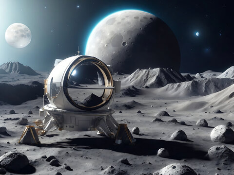 lunar space shutter lander on the surface of a planet of the moon with view OG planet earth globe in the background for astronomy concepts as wide banner with Copy Sapce area